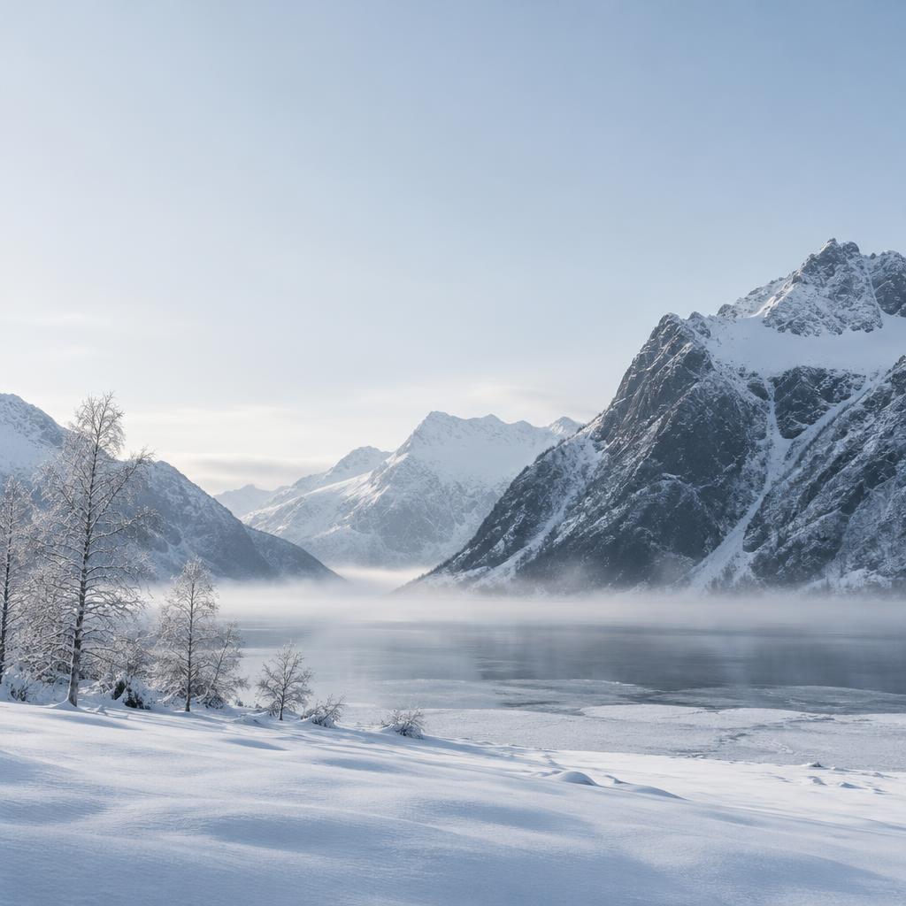 Snow-covered Norwegian fjord with mountains in winter light